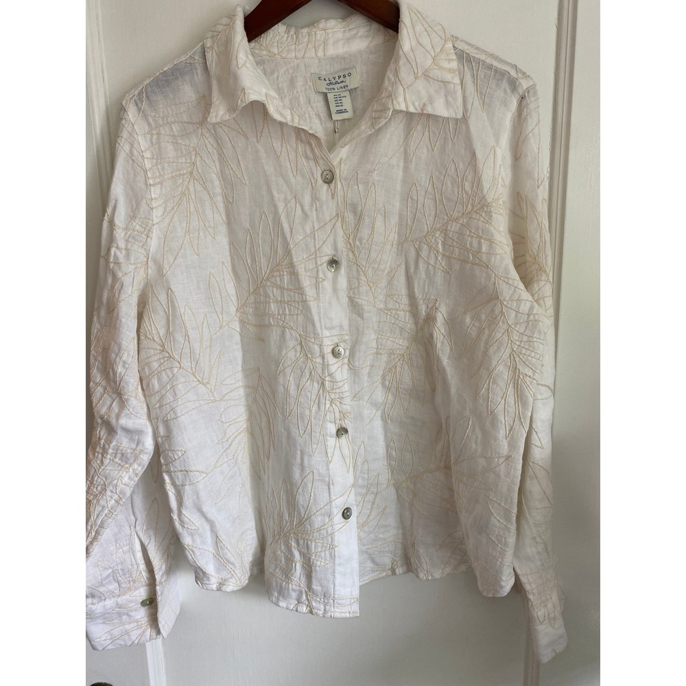 Calypso St Barth Linen Shirt Womens XL White Embroidered Leaf Button Down NWT